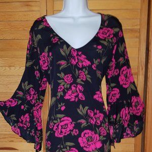 Express Floral V-Neck Bell Sleeve Dress Medium
